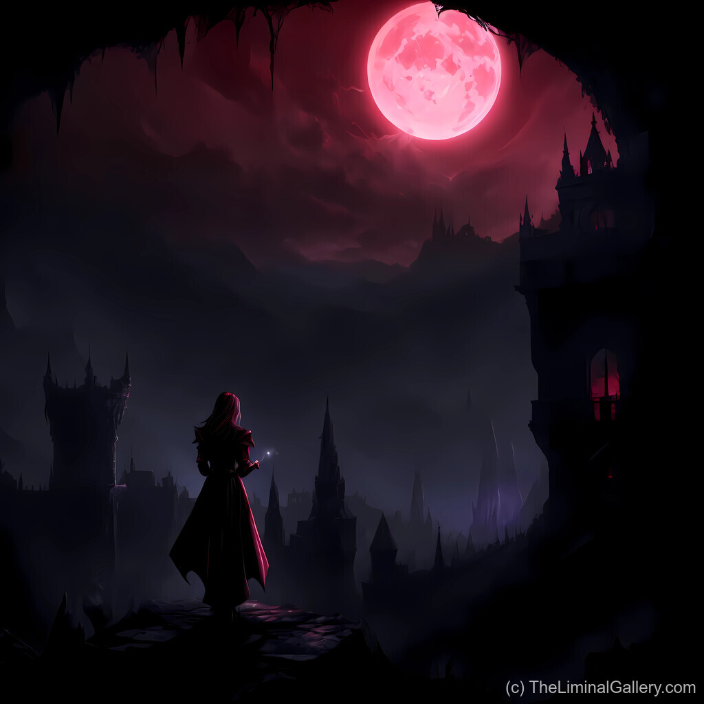 A shadowy figure watches over a dark castle illuminated by a haunting blood moon, evoking mystery, fantasy, and the eerie allure of legend.